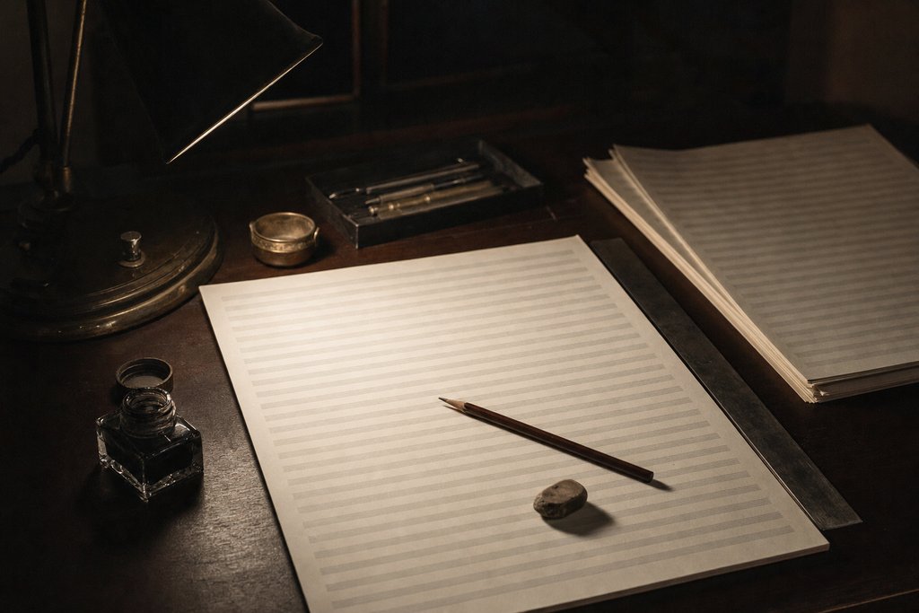 An arranger's desk under a single lamp: blank orchestral score paper, a pencil, an eraser, a metal straight edge for ruling barlines.