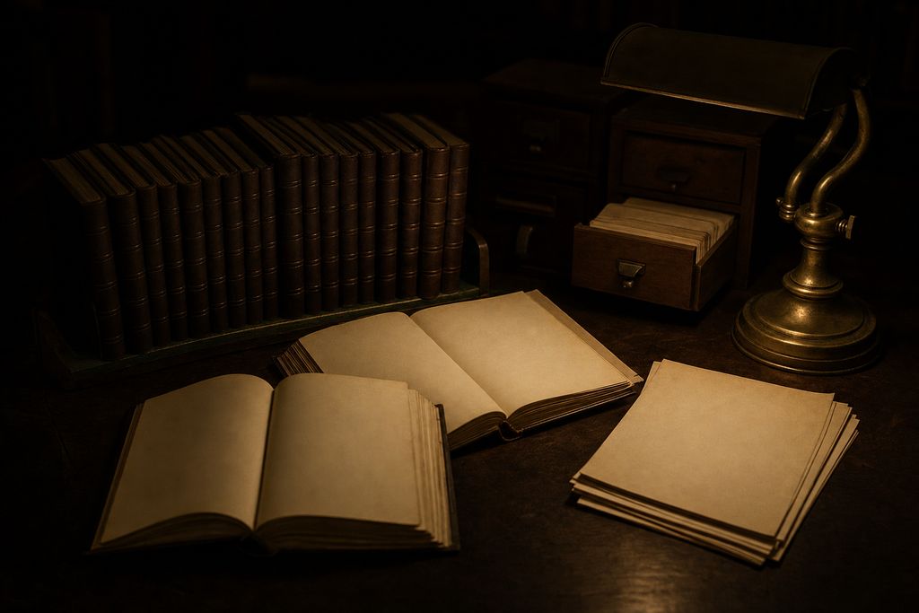 Bound periodical volumes stacked on a reading-room table beside loose issues, a card index drawer and a brass desk lamp