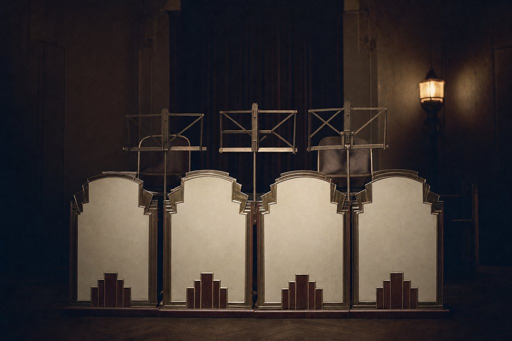 A row of dance-band music stands seen head-on, their front panels blank.