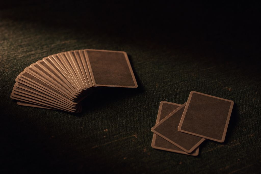 A fan of face-down playing cards on worn dark green baize, a few loose cards beside them