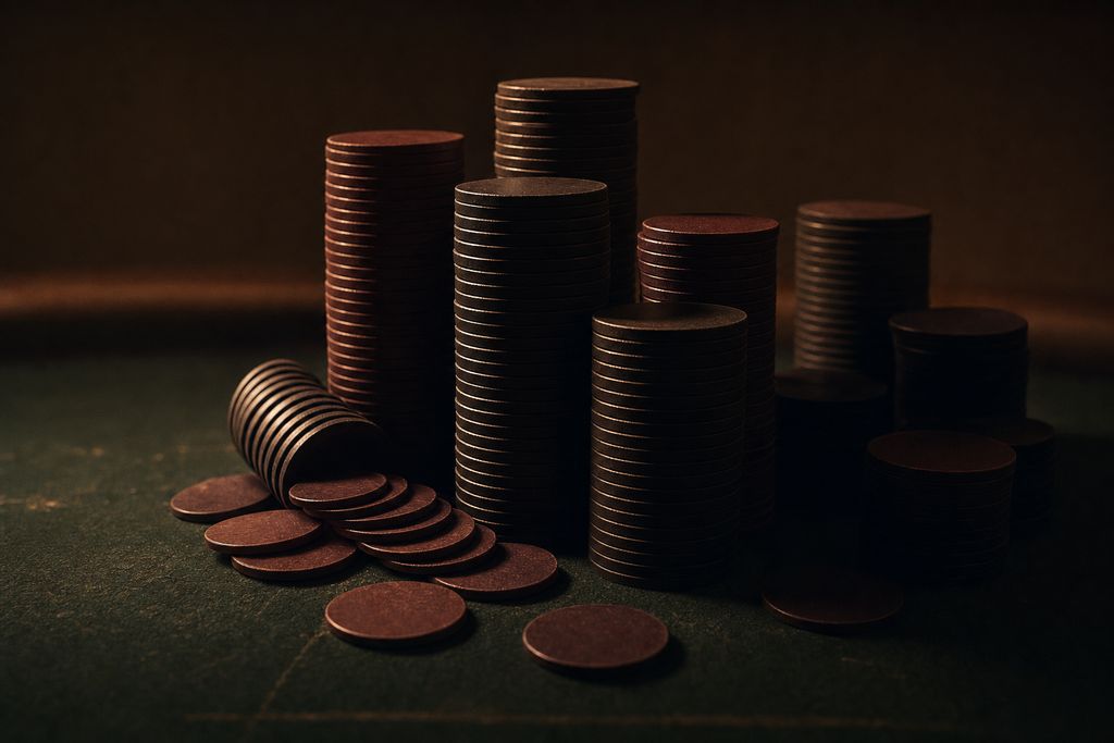 Stacks of plain unmarked gaming chips of varying heights on worn dark green baize, one stack toppled