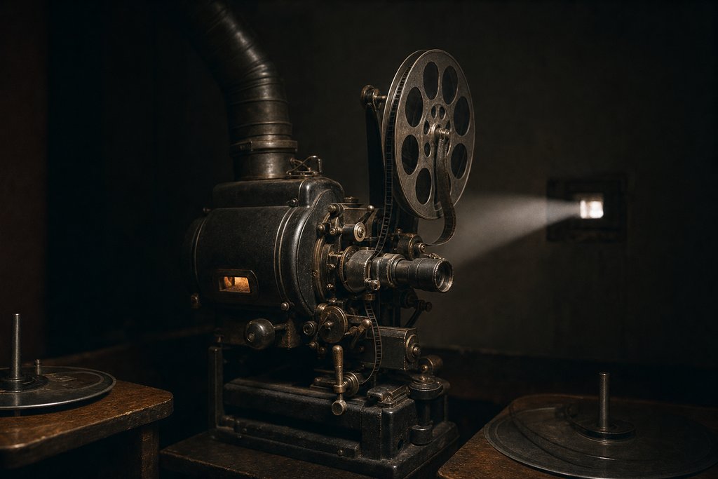 Inside a cinema projection box: a carbon-arc projector, a film reel on the spool arm, a shaft of light through the port window.
