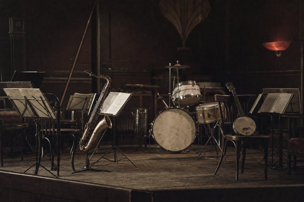 An empty dance band stand between sets, a saxophone on a floor stand and a banjo on a chair.