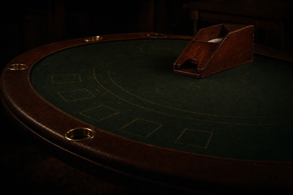 An empty card-table layout in dark green baize with a wooden card shoe at the dealer position