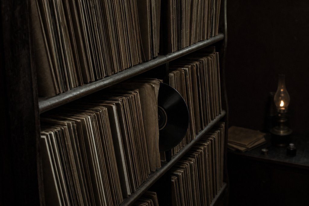 Deep shelving packed with shellac 78s in plain paper sleeves, one pulled half out.