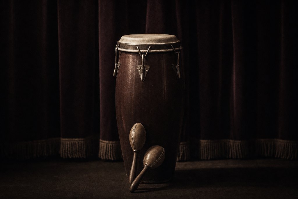 A conga drum and a pair of maracas on a small club stage.