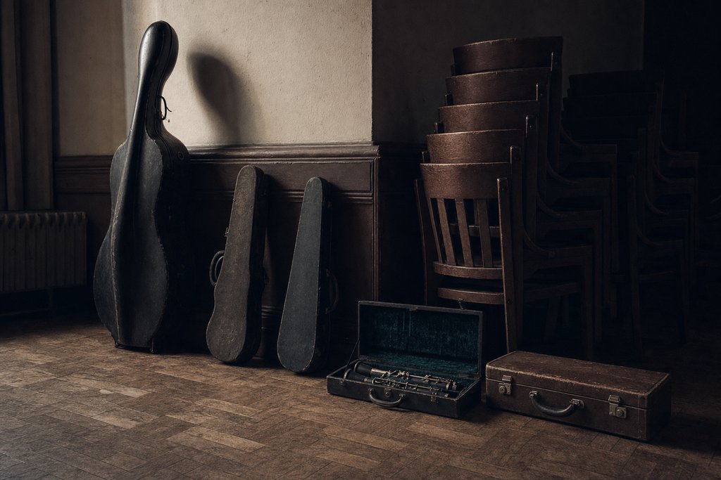 A row of instrument cases along the wall of a school hall, one clarinet case open.