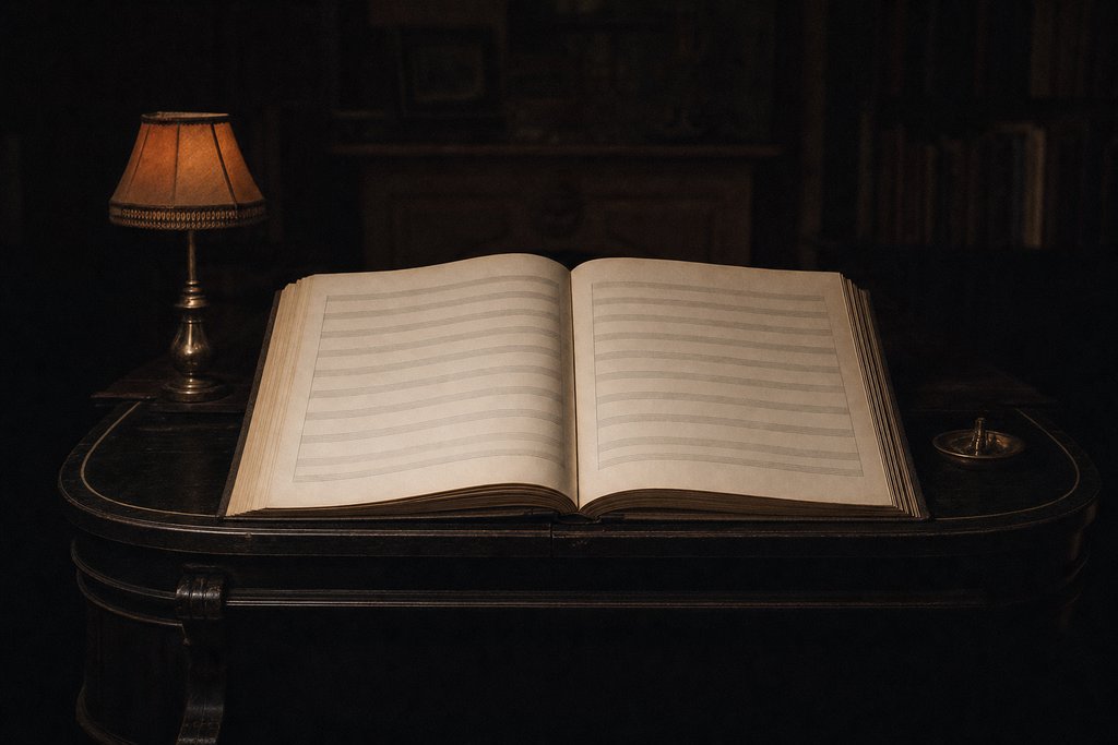 A very large orchestral score lying open across a closed grand piano lid, its staves empty.