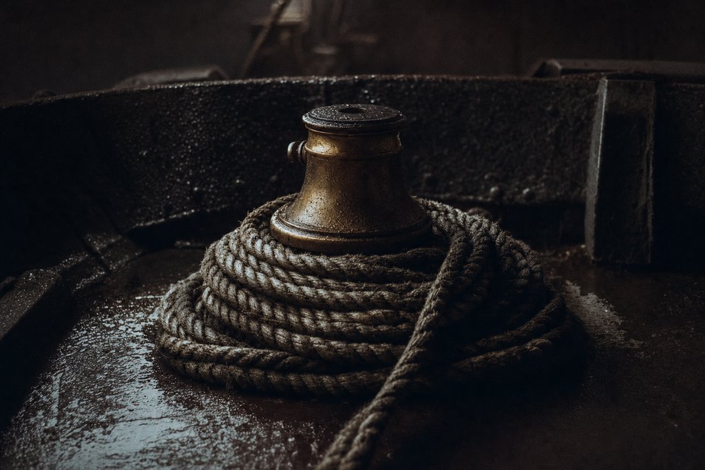 A coil of heavy ship's rope and a brass deck fitting on a wet steel deck.