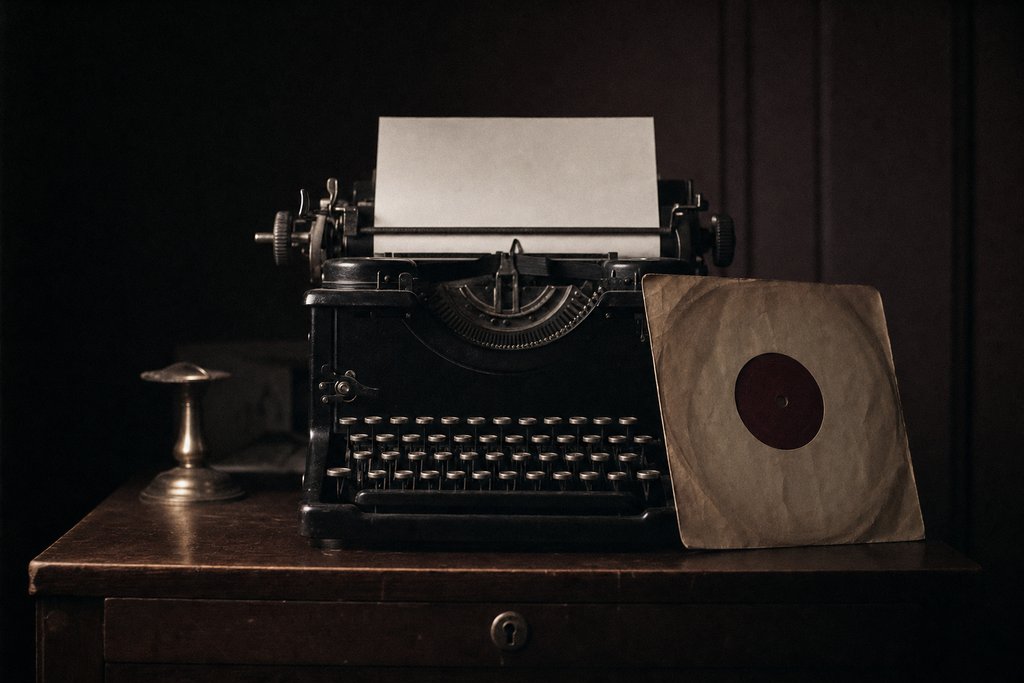 A manual typewriter on a desk with a blank sheet rolled into it, a plain record sleeve leaning against it.