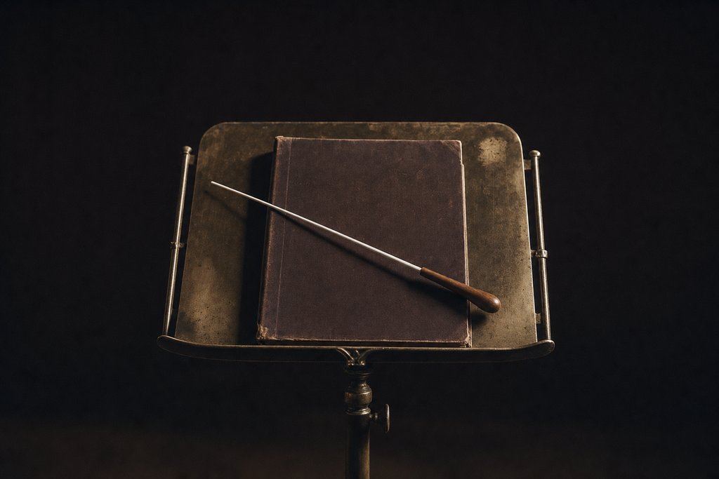 A conductor's baton lying across a closed score on a music stand.