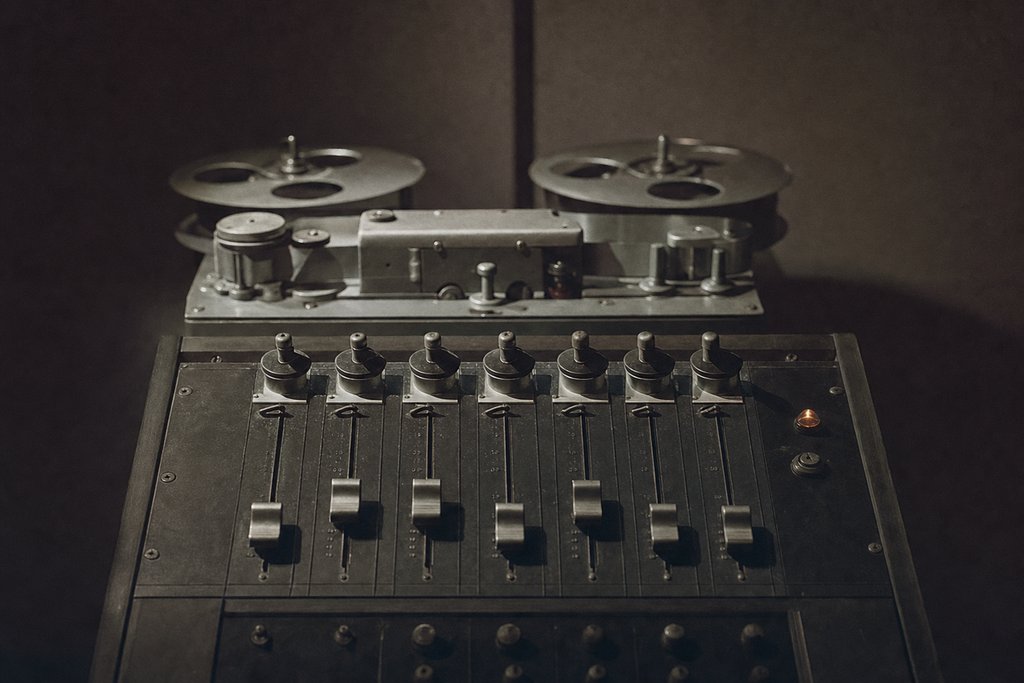 A recording studio control desk: a bank of faders, a reel-to-reel machine loaded behind it.