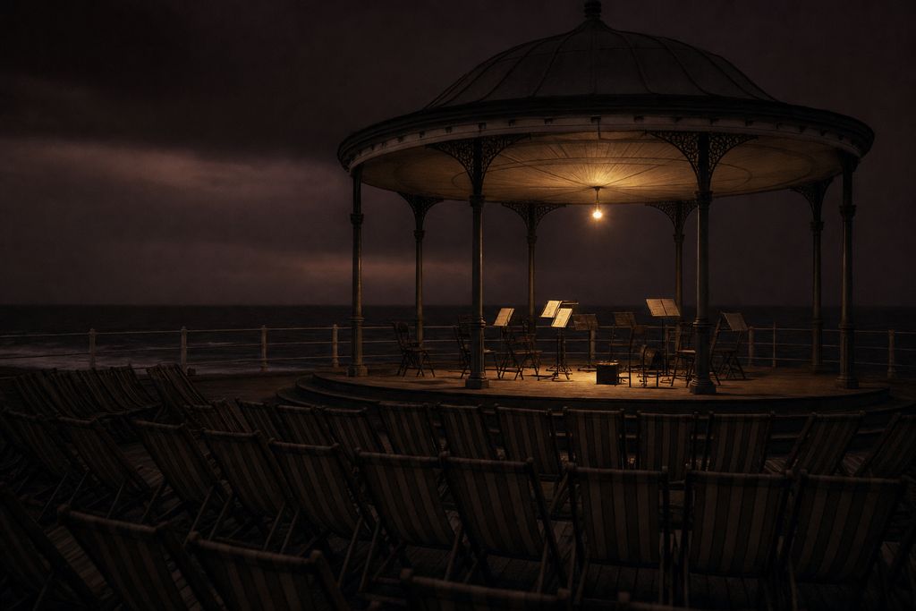 An empty seaside pier pavilion bandstand at dusk, music stands still set out, rows of deck chairs facing it