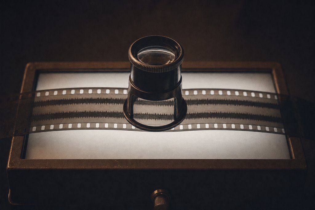 A strip of optical film soundtrack on a glowing light box, a loupe resting on it, the soundtrack band clearly visible.