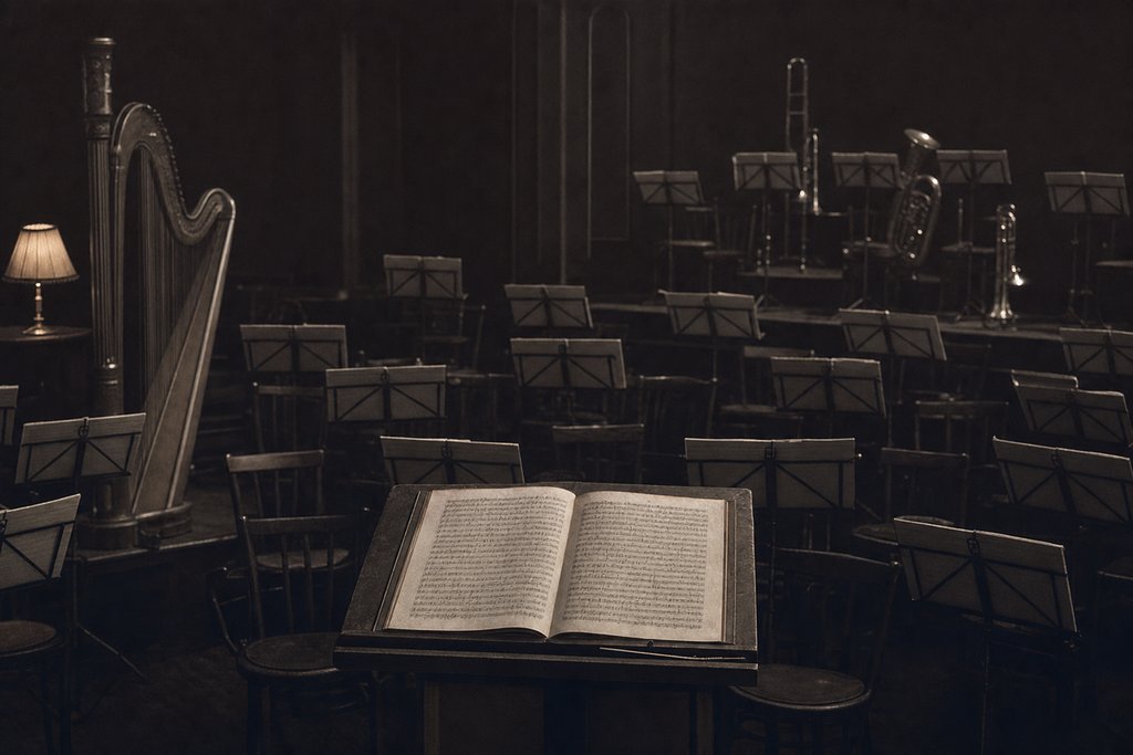 The view from a conductor's podium over an empty studio orchestra: a fan of stands, a harp at the edge, brass on a riser.