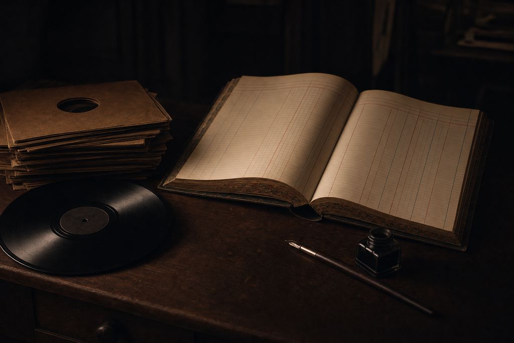 A wide ruled stock ledger open beside a stack of paper record sleeves and a shellac disc lying flat, with a steel nib pen and inkwell