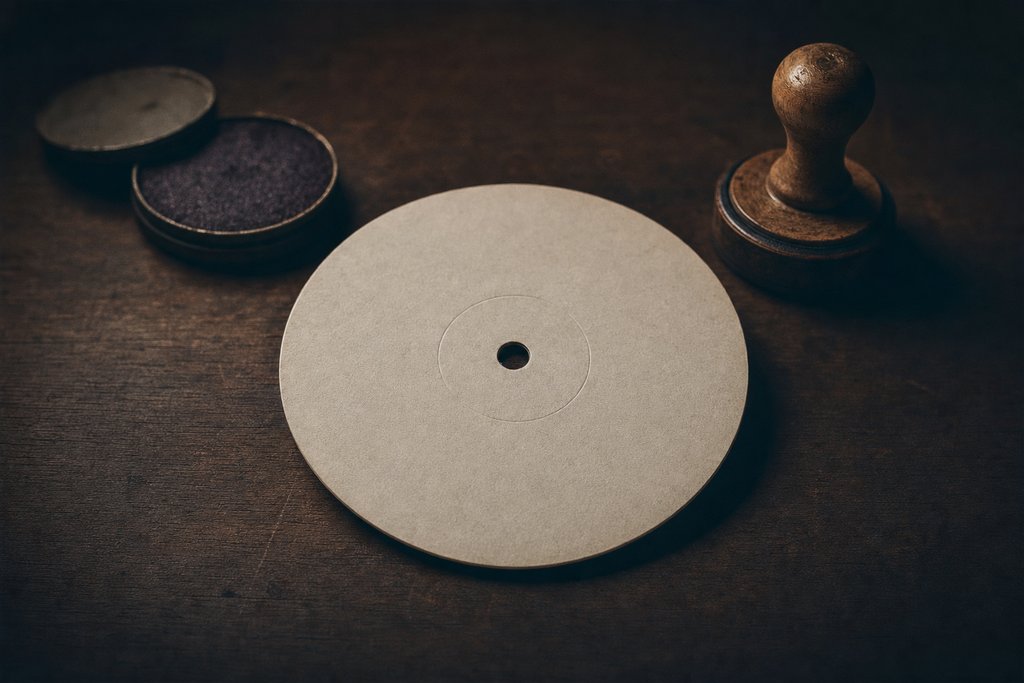 A blank circular paper record label on a desk beside a wooden rubber stamp and an ink pad.