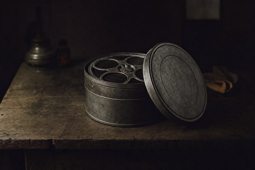 A round film can with the lid leaning against it and a reel of film inside.