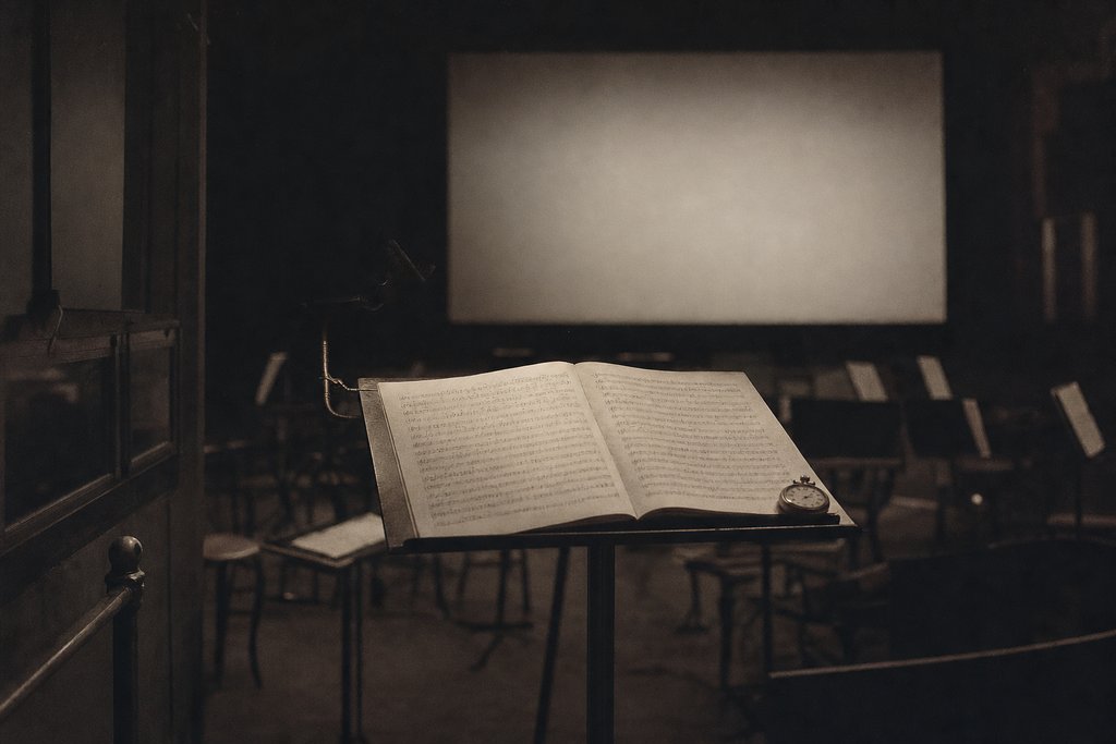 A film scoring stage seen from behind the conductor's podium, an open score and a stopwatch on the stand.
