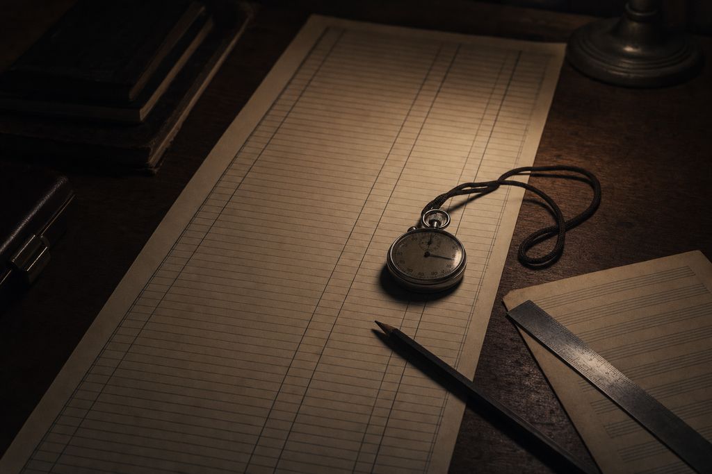 A ruled film-scoring timing sheet on a desk with a stopwatch resting across it, a pencil and a metal ruler