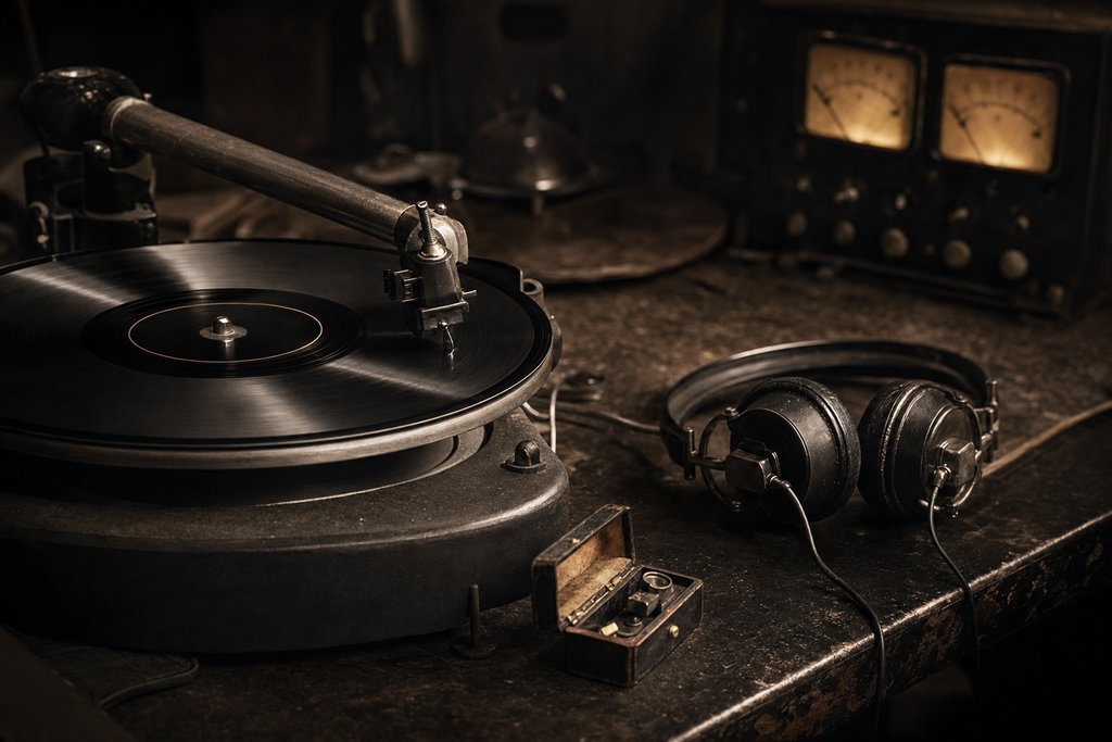A restoration bench: a shellac disc on a heavy turntable, the tonearm lowered, a stylus box open beside it.