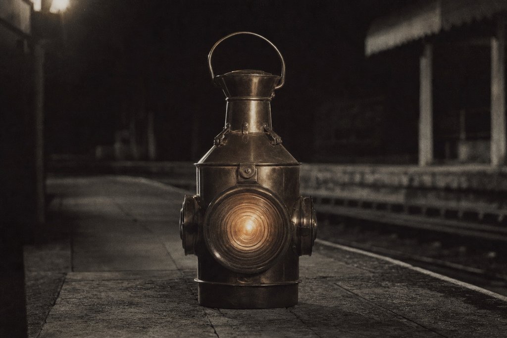 A brass railway signal lamp on a stone platform, its lens glowing faintly.
