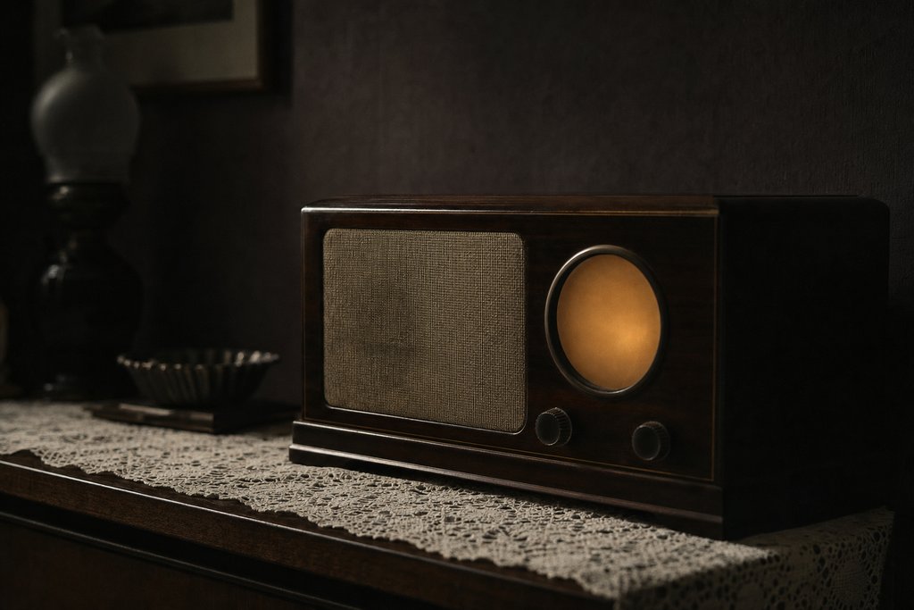 A domestic valve wireless on a sideboard, the tuning dial lit from behind.